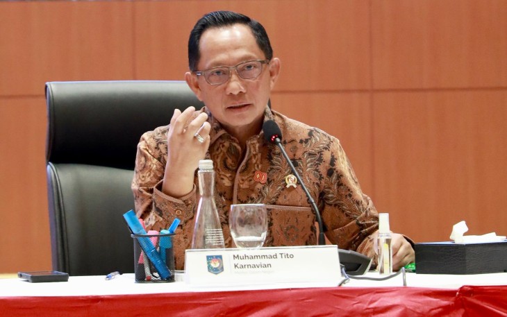 Mendagri dalam Konferensi Pers tentang Rancangan Anggaran Pendapatan dan Belanja Negara (RAPBN) & Nota Keuangan Tahun Anggaran 2026 di Kantor Direktorat Jenderal (Ditjen) Pajak Kementerian Keuangan (Kemenkeu), Jakarta, Jumat (15/8/2025).