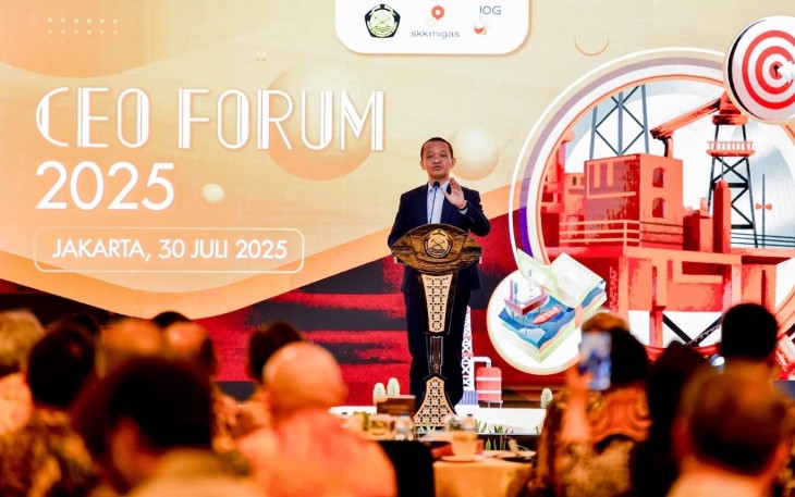 Menteri Energi dan Sumber Daya Mineral (ESDM) Bahlil Lahadalia pada gelaran CEO Forum 2025 di Kantor SKK Migas Jakarta, Rabu (30/7).