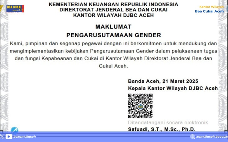 Kanwil Bea Cukai Aceh Perkuat Komitmen Pengarusutamaan Gender di Lingkungan Kerja