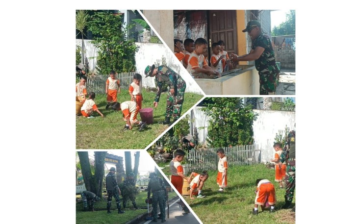 Personil Kodim 1310/Bitung bersama anak-anak TK Petra Madidir saat melaksanakan Kegiatan Korve Massal 
