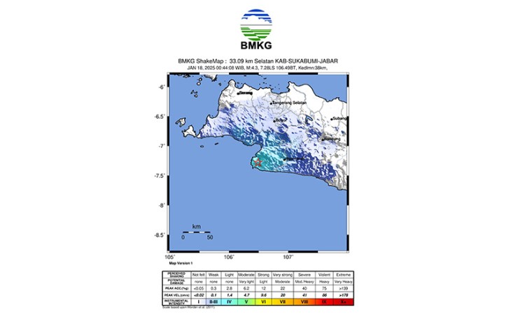 Hasil analisis BMKG menunjukkan bahwa gempabumi ini berkekuatan M=4,3. 