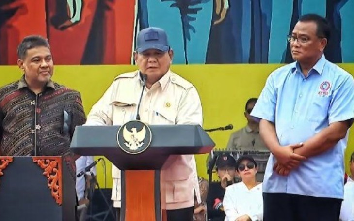 Presiden Prabowo Subianto hadir dalam acara peringatan Hari Buruh Internasional Tahun 2025 yang diselenggarakan di kawasan Monumen Nasional (Monas), Jakarta, pada Kamis, 1 Mei 2025