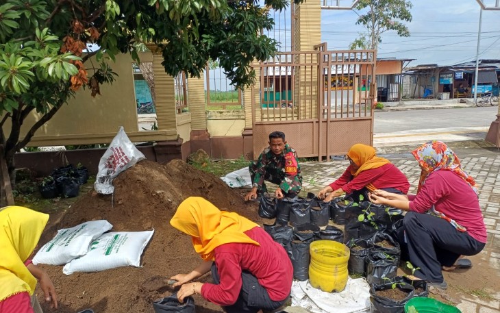 Babinsa Buduran Gandeng PKK Tanam Sayuran di Sekitar Kantor Desa