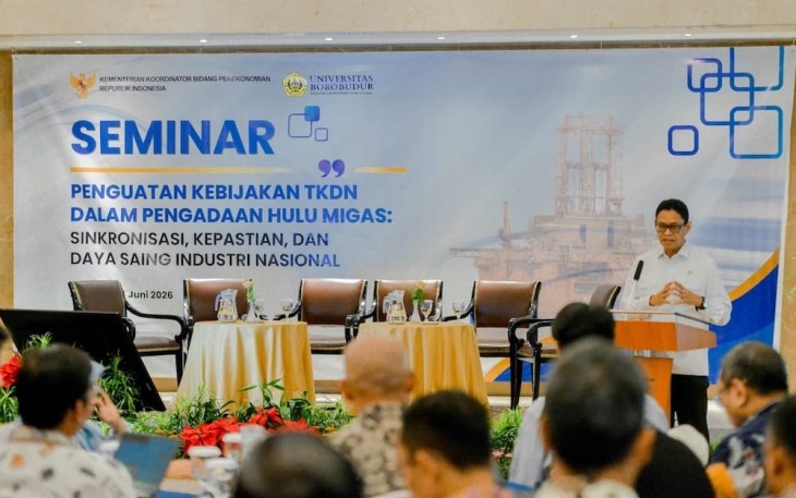 Wakil Menteri Energi dan Sumber Daya Mineral (ESDM) Yuliot dalam keynote speechnya di acara Seminar Penguatan Kebijakan TKDN dalam Pengadaan Hulu Migas di Hotel Borobudur Jakarta, Rabu (24/6)