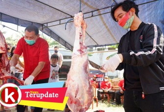 Calon Walikota dan Calon Wakil Walikota Solo Gibran Rakabuming Raka dan Teguh Prakosa saat silaturahmi dan membantu penyembelihan hewan kurban di sejumlah Kantor PAC PDI Perjuangan di Kota Solo Jawa Tengah.