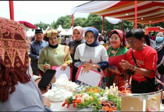 Ibu Wakil Gubernur Sumbar Fitria Amalia Audy, berbalut baju kurung dengan motif khas Kota Solok.