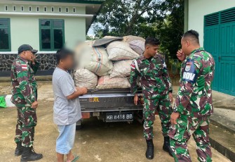 Satgas Pamtas Yonif 645/Gty saat Amankan 50 Karung Kayu Getah Damar