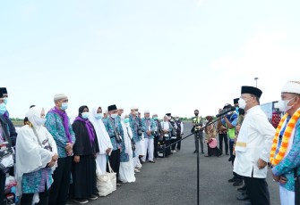 Penyambutan jamaah haji asal Bengkulu saat tiba di Bumi Rafflesia, Kamis (21/7/2022).