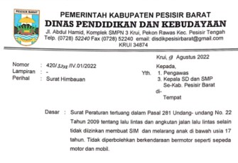 Surat Edaran (SE) mengenai larangan bagi siswa Sekolah Dasar (SD) dan Sekolah Menengah Pertama (SMP) untuk berkendara sendiri ke sekolah.
