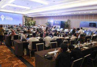 Suasana Media Center KTT AIS Forum 2023 di Bali Nusa Dua Convention Center (BNDCC), Nusa Dua, Badung, Bali, Senin (09/10/2023)