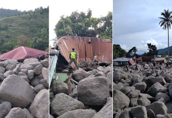  Sejumlah rumah dan bangunan ibadah rusak setelah terdampak banjir bandang di Desa Simangulampe, Kecamatan Baktiraja, Kabupaten Humbang Hasundutan, Sumatera Utara, Sabtu (2/12). Petaka yang terjadi pada Jumat (1/12) malam itu menyebabkan 12 orang hilang dan seorang warga luka berat. Sumber: BPBD Kabupaten Humbang Hasundutan.