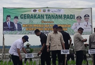 Menteri Imigrasi dan Pemasyarakatan Agus Andrianto (baju putih) saat acara Gerakan Tanam Padi beserta Wakil Menteri Pertanian Sudaryono di Desa Kentong kecamatan Cepu kabupaten Blora