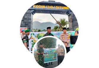 Dandim 1310/Bitung, Letkol Czi Hanif Tupen, ST.,MIP bersama Kapolres Bitung AKBP Albert Zai, SIK.,MH saat berbagi takjil dan menggelar Konferensi Pers di depan Makodim 1310/Bitung