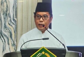 Kamaruddin Amin saat memberikan sambutan pada Halal Bihalal Kementerian Agama di Jakarta, Rabu (9/4/2025)