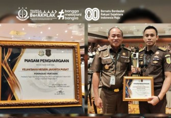 Kejari Jakarta Pusat dinobatkan sebagai Terbaik Pertama se-Indonesia untuk kategori, Pelaksana Tugas dan Fungsi Bidang Pemulihan Aset Semester I Tahun 2025 pada Kejaksaan Negeri Tipe A