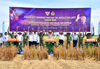 Panglima TNI Jenderal TNI Agus Subiyanto bersama Kepala Staf TNI Angkatan Laut Laksamana TNI Muhammad Ali mendampingi Menteri Pertahanan Republik Indonesia Sjafrie Sjamsoeddin meninjau langsung hasil panen kedelai di lahan pertanian Komplek Pemukiman TNI AL