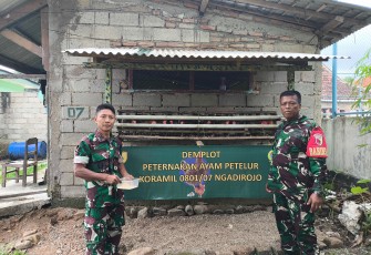  Danramil 0801/07 Ngadirojo Kapten Inf Yuswanto bersama anggota Koramil 0801/07 Ngadirojo mencoba budidaya ayam petelur bertempat di halaman belakang Makoramil, Krajan, Kecamatan Ngadirojo, Kabupaten Pacitan, Sabtu(15/02/2025)