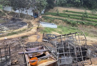 Puluhan bul kapasitas 1000 liter yang berisi minyak mentah dari sumur minyak tua illegal di Desa Gandu hangus terbakar