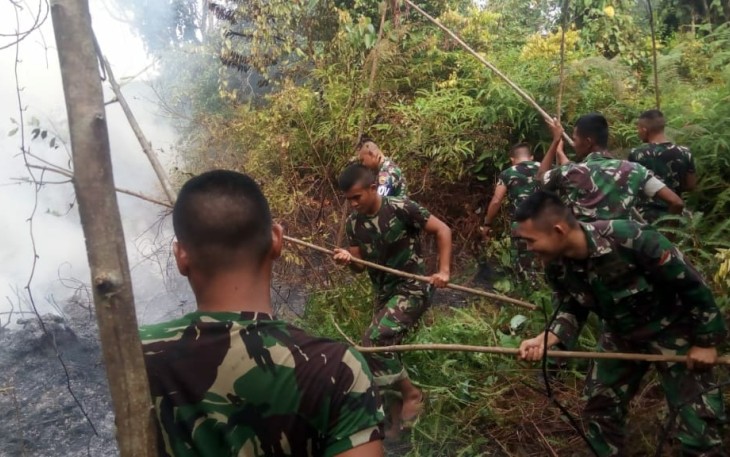 Personel TNI Kompak Bantu Padamkan Kebakaran Lahan di Desa Salo