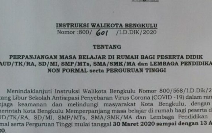 Intruksi Wali Kota Bengkulu 