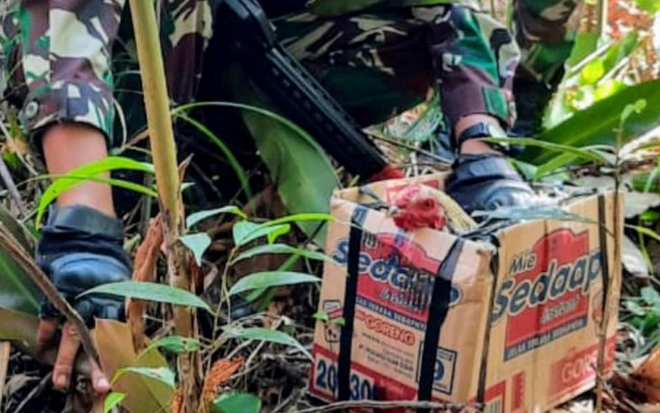 Satuan Tugas (Satgas) Pamtas Yonif 407/Padmakusuma RI-Malaysia mengamankan satu ekor Ayam Philipina ilegal saat melaksanakan patroli di jalan tidak resmi di Desa Sungai Mawang Kecamatan Puring Kencana, Kabupaten Kapuas Hulu, Kalbar. Jumat (05/03/21) 