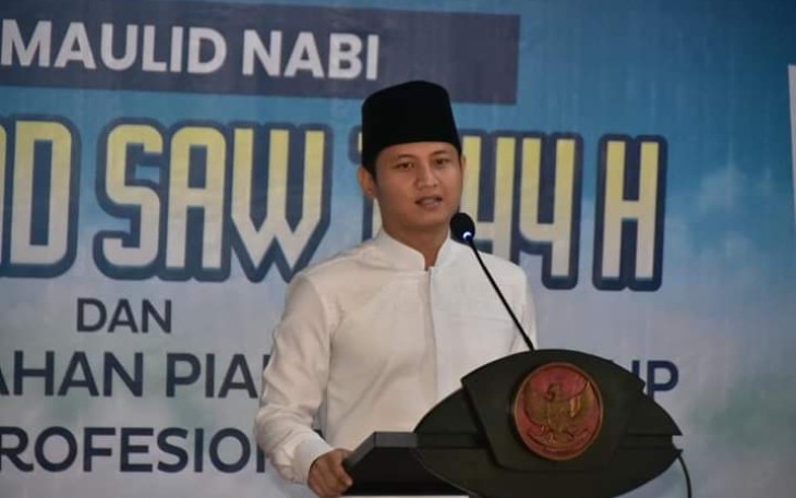 Bupati Trenggalek, Mochamad Nur Arifin, saat memberikan sambutan pada peringatan Maulid Nabi Muhammad Saw, di Pendapa Manggala Praja Nugraha, Selasa (11102022).