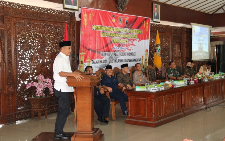 Bupati Karanganyar Juliyatmono, saat memberikan sambutan dalam kegiatan Pembinaan Forum Dai Kamtibmas Kabupaten Karanganyar Tahun 2022, (Rabu (18/5/2022).