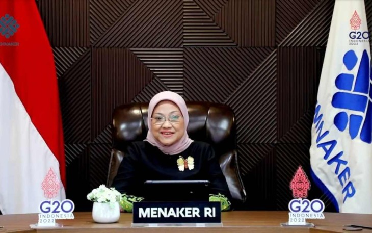 Menaker Ida Fauziah saat acara G20 secara virtual di Jakarta 