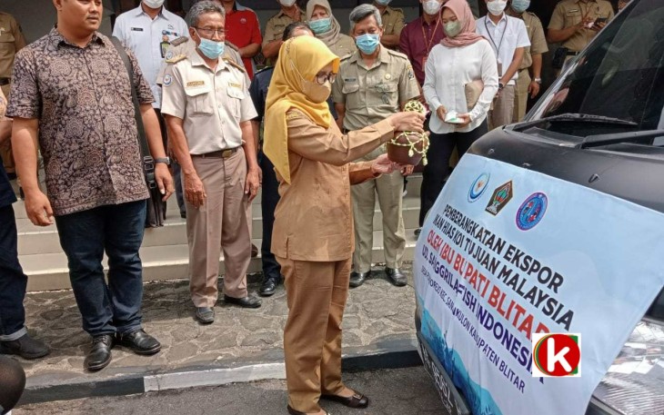 Bupati Blitar Rini Syarifah Hendak Memecahkan Kendi Di Depan Mobil Pickup Pengangkut Box Berisi Ikan Koi yang Akan Dikirim ke Malaysia (foto : Faisal NR / Klikwarta.com)