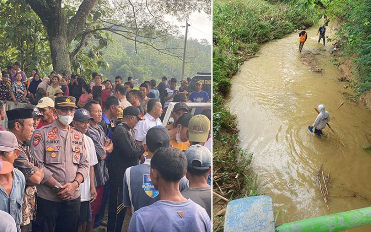 Petugas dibantu warga sedang melakukan pencarian satu orang korban terseret banjir di sungai kecamatan Todanan.