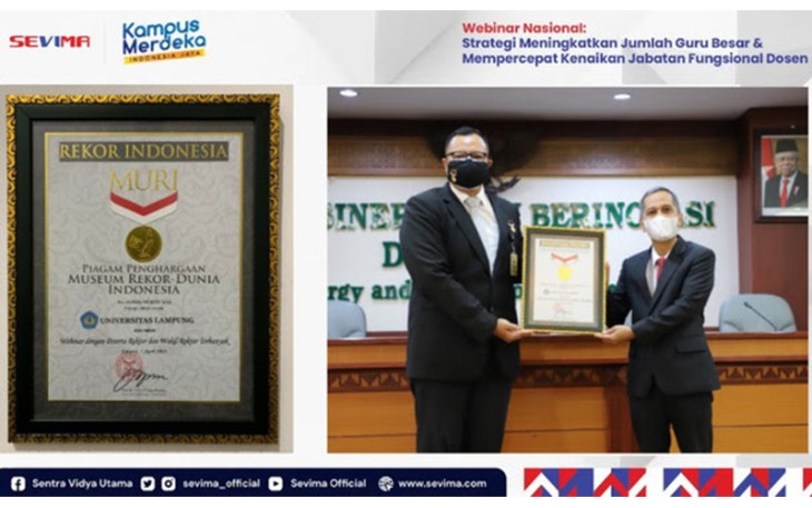 Unila bersama SEVIMA mencetak rekor dalam Muri untuk kegiatan Webinar Nasional dengan peserta terbanyak yang diikuti oleh Rektor se-Indonesia, pada Selasa (05/04) sore. 
