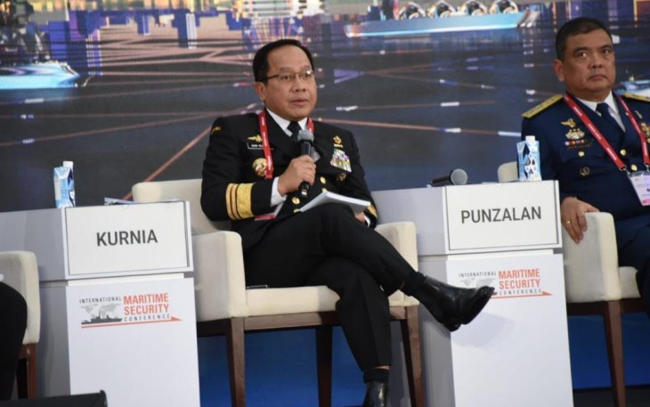 Kepala Bakamla RI Laksdya TNI Dr. Aan Kurnia saat jadi pembicara Special Seasion dalam Internasional Maritime Security Conference (IMSC) di Changi Exhibition Center, Singapura, Kamis (4/5/2023).