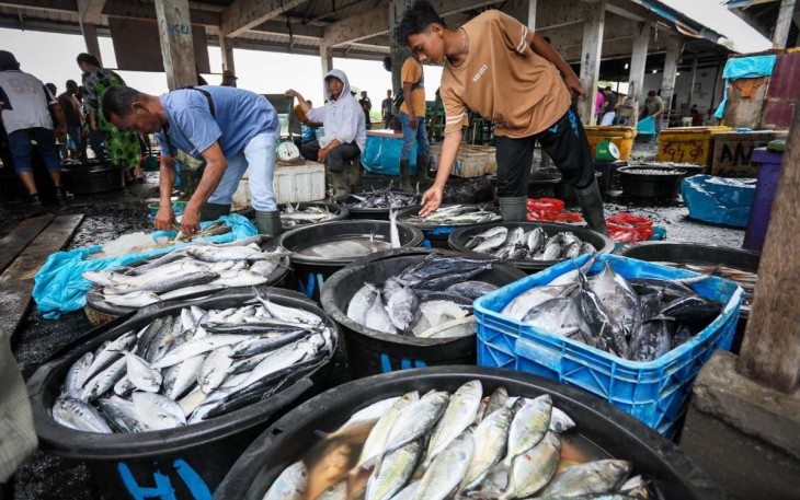 Ilustrasi nelayan dengan hasil tangkapannya di laut