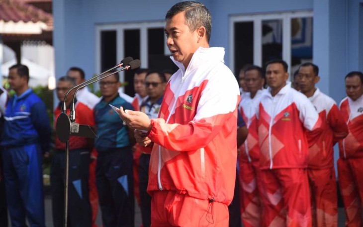 Dankoharmatau Marsda TNI Oki Yanuar saat memberikan sambutan pembukaan Pekan Olahraga Koharmatau di Bandung, Rabu (18/10)