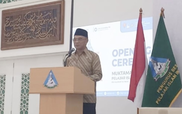 Menko PMK Prof Muhadjir Effendy saat memberikan sambutan di Muktamar Nasional PII XXXII di Balikpapan Kaltim, Jum'at (5/5)
