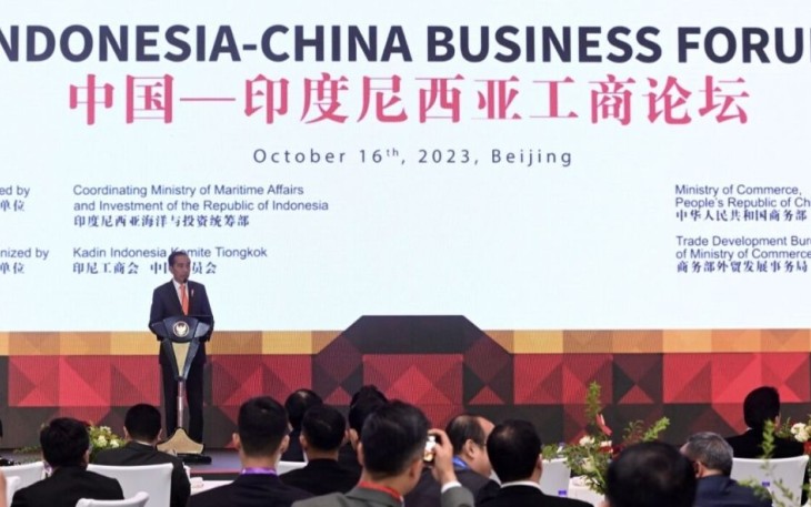 Presiden Joko Widodo menghadiri Forum Bisnis Indonesia-Republik Rakyat Tiongkok (RRT) yang digelar di China World Hotel, Beijing, RRT, pada Senin, 16 Oktober 2023