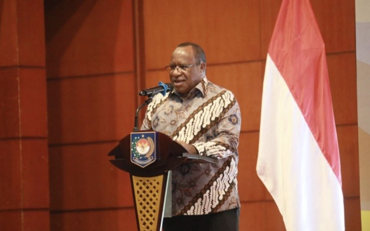 Wamendagri Jon Wempi Wetipo saat memberikan sambutan di pertemuan aksi PPSI di Hotel Bidakara, Jakarta, Kamis (19/10)