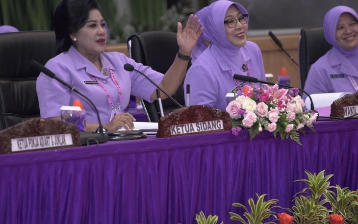 Ketum IKKT PWA Ny. Vero Yudo Margono saat Musyawarah Pusat (Mupus) IX IKKT Pragati Wira Anggini Tahun 2023 di Mabes TNI, Cilangkap, Jakarta Timur, Jumat (28/07/2023).