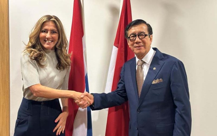 Menkumham Yasonna H. Laoly dalam pertemuan dengan Menteri Kehakiman dan Keamanan Belanda, Dilan Yeşilgöz-Zegerius, Jumat waktu setempat (25/08/2023).