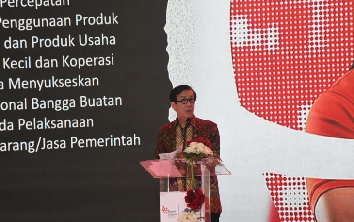 Menteri Hukum dan HAM, Yasonna Laoly saat menyampaikan keynote speech pada pembukaan Temu Bisnis Tahap VI, di JIExpo Jakarta, Kamis (03/08/2023).
