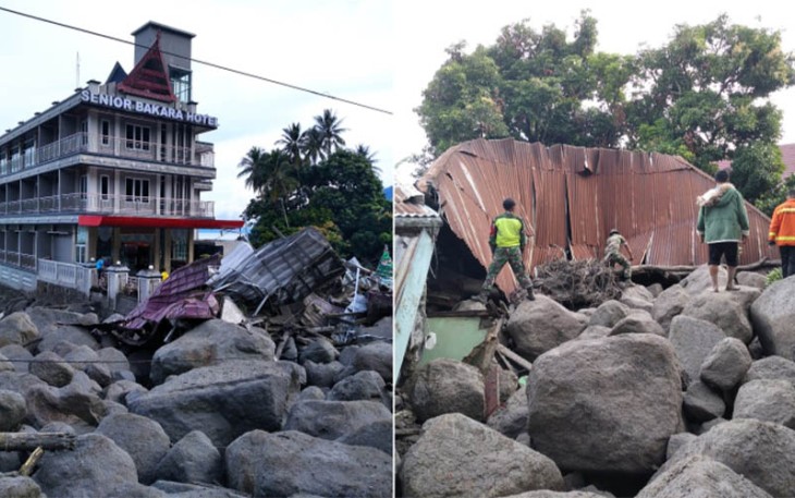 Material berupa bebatuan berukuran besar yang terbawa banjir bandang menimbun permukiman penduduk di Desa Simangalumpe, Kecamatan Baktiraja, Kabupaten Humbang Hasundutan, Sumatera Utara, Sabtu (2/12). Peristiwa banjir bandang yang terjadi pada Jumat (1/12) menyebabkan satu warga meninggal dunia dan 11 lainnya masih dinyatakan hilang