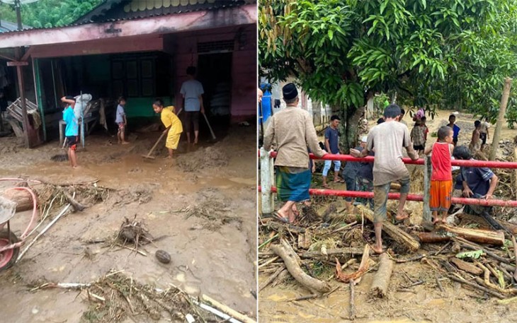 Warga membersihkan lumpur yang menggenangi rumahnya sisa banjir yang terjadi pada Jumat ( 10/11) di Kabupaten Aceh Tenggara.