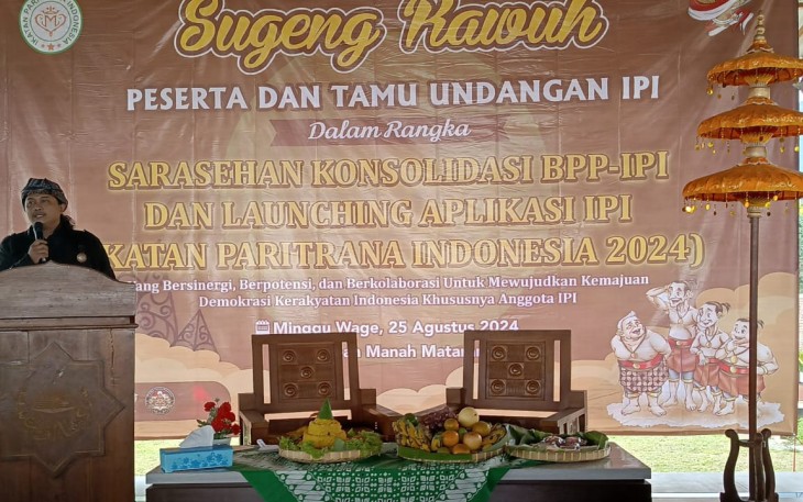 Ketua BPP IPI Bagus Hartawan memberikan sambutan dalam acara sarasehan konsolidasi dan launching aplikasi IPI, di Lembah Manah Mataram, Karangpandan, Kabupaten Karanganyar, Minggu (25/8/2024)