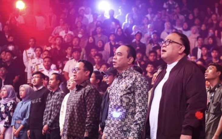 Menkominfo Budi Arie Setiadi dalam Konser Harmoni Pemilu Damai 2024, di Balai Sarbini, Jakarta Selatan, Rabu (07/02/2024) malam.