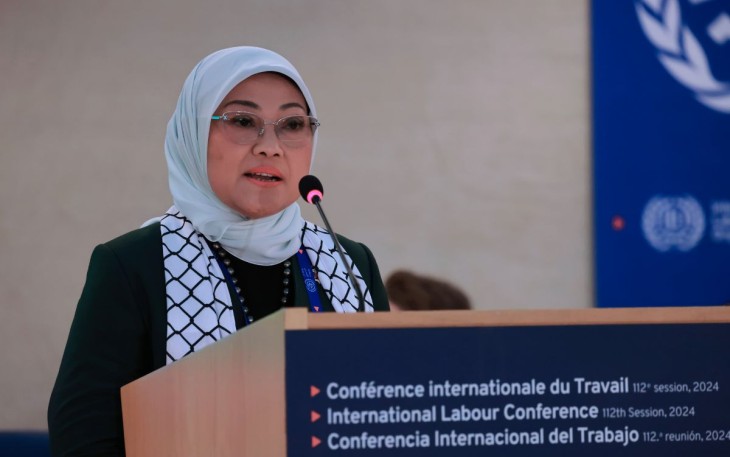 Menaker Ida Fauziah saat pidato di konferensi ILO