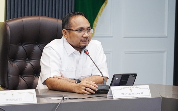 Kemenag Yaqut Cholil Qoumas saat memberikan keterangan pers 