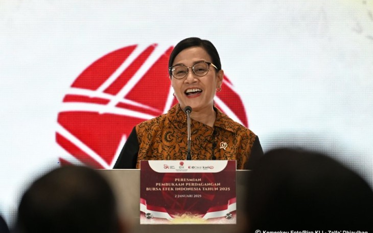 Menkeu Sri Mulyani Indrawati pada acara Peresmian Pembukaan Perdagangan Bursa Efek Indonesia (BEI) Tahun 2025, Kamis (2/1) di Jakarta.