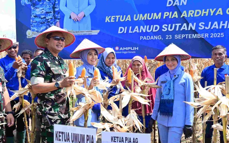 Kasau Marsekal TNI M Tonny Harjono saat panen raya jagung di lahan ketahanan pangan Lanud Sutan Sjahrir, Selasa (23/9)