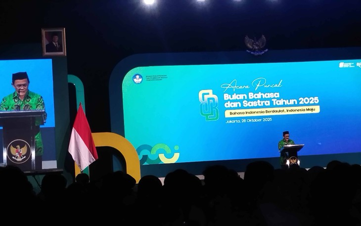 Kepala Badan Bahasa Hafidz Muksin saat memberikan sambutan di Jakarta, Selasa (28/10)