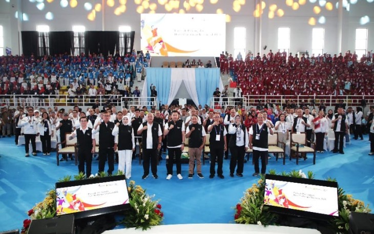 Puncak Peringatan Hari Olahraga Nasional (Haornas) Ke-42 Tahun 2025 di Gor POPKI, Kompleks Cibubur Youth Elite Sport Center (CYESC), Jalan Jambore Nomor 1, Cibubur, Jakarta Timur (Jaktim), Selasa (9/9) siang.
